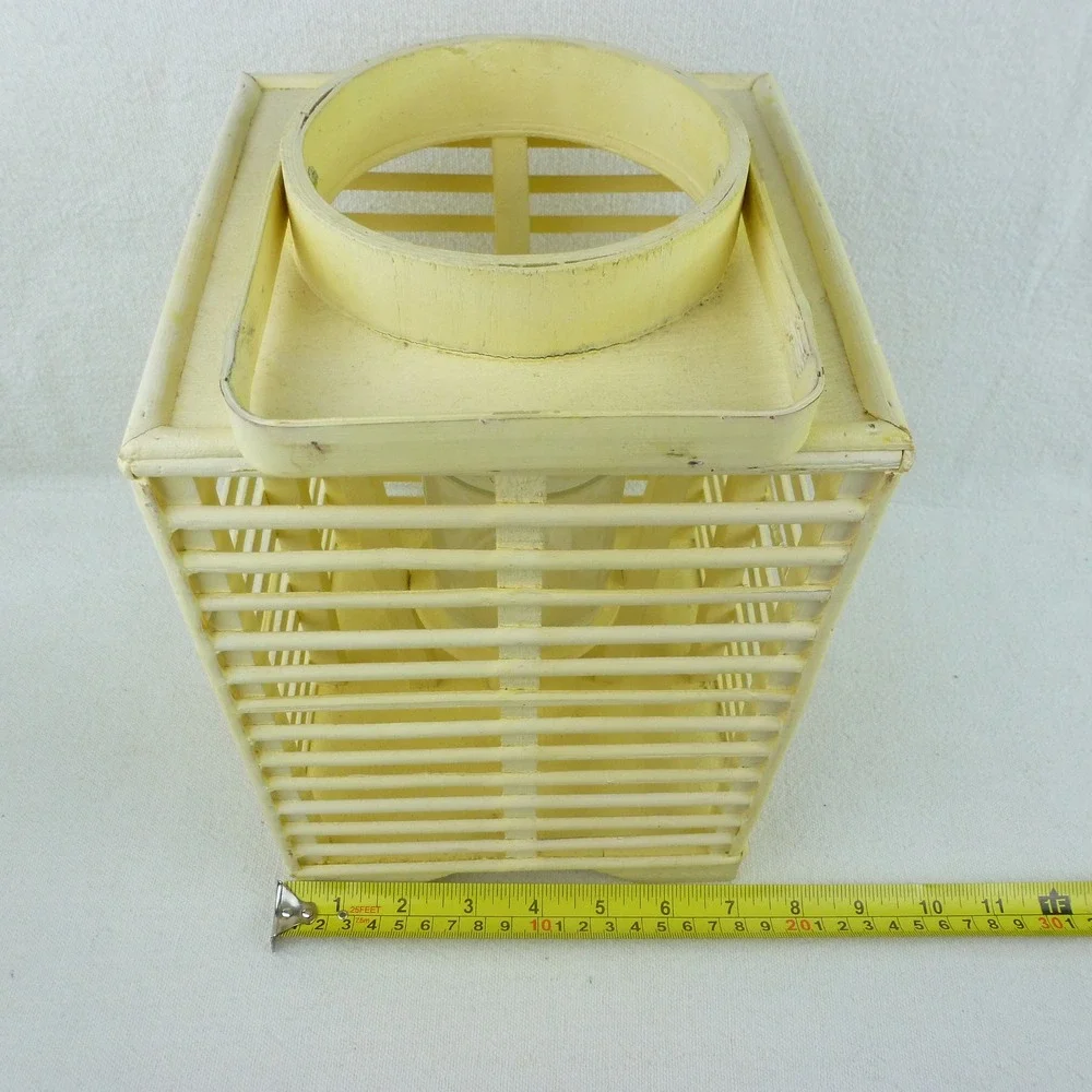 Vintage Yellow Wooden Slatted Lantern Candle Holder with‎ Glass Insert
